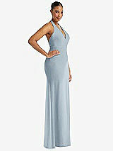 Side View Thumbnail - Mist Plunge Neck Halter Backless Trumpet Gown with Front Slit