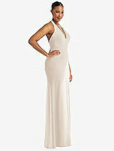Side View Thumbnail - Oat Plunge Neck Halter Backless Trumpet Gown with Front Slit