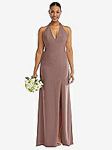 Alt View 2 Thumbnail - Sienna Plunge Neck Halter Backless Trumpet Gown with Front Slit