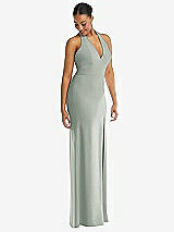 Alt View 1 Thumbnail - Willow Green Plunge Neck Halter Backless Trumpet Gown with Front Slit