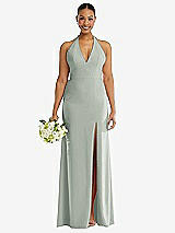 Alt View 2 Thumbnail - Willow Green Plunge Neck Halter Backless Trumpet Gown with Front Slit