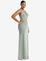 Side View Thumbnail - Willow Green Plunge Neck Halter Backless Trumpet Gown with Front Slit