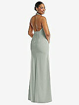 Rear View Thumbnail - Willow Green Plunge Neck Halter Backless Trumpet Gown with Front Slit