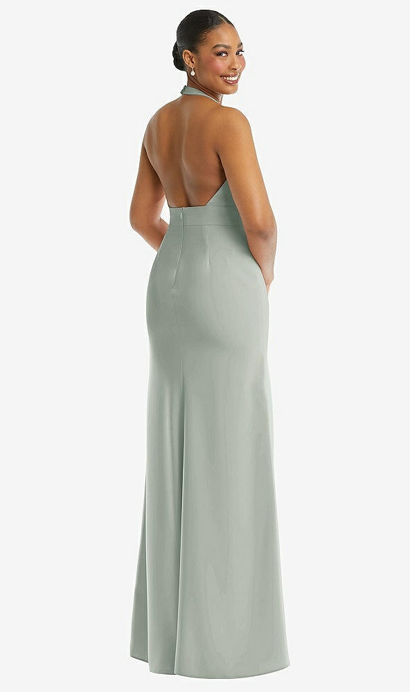 Back View - Willow Green Plunge Neck Halter Backless Trumpet Gown with Front Slit