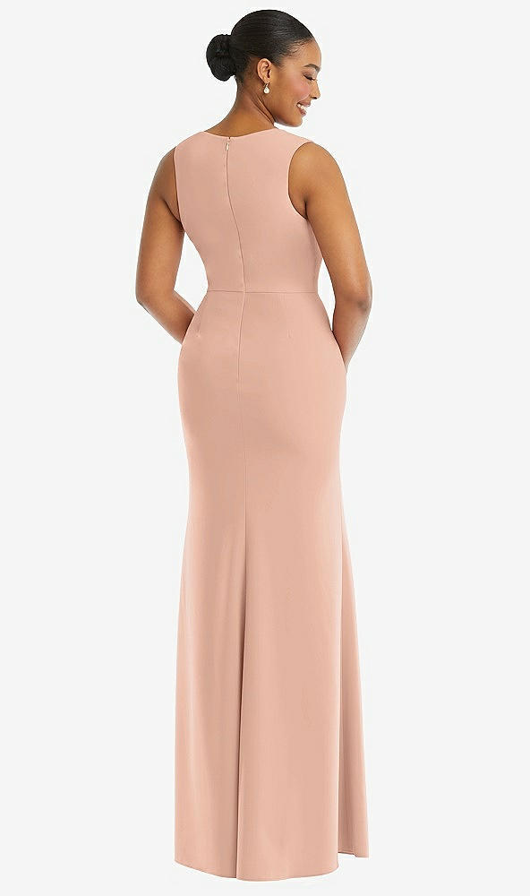 Back View - Pale Peach Deep V-Neck Closed Back Crepe Trumpet Gown with Front Slit