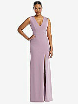 Front View Thumbnail - Suede Rose Deep V-Neck Closed Back Crepe Trumpet Gown with Front Slit