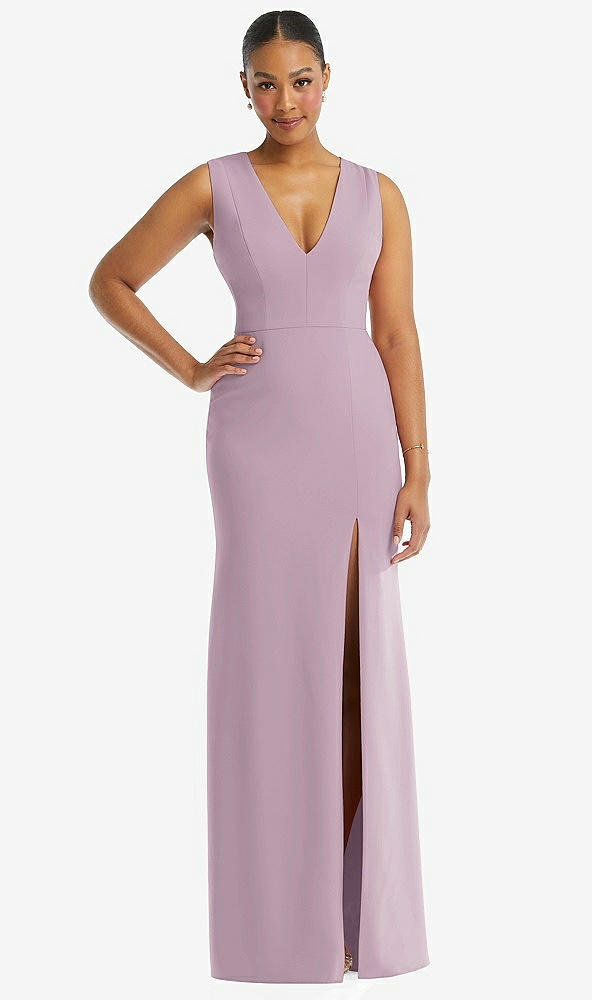 Front View - Suede Rose Deep V-Neck Closed Back Crepe Trumpet Gown with Front Slit