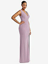 Side View Thumbnail - Suede Rose Deep V-Neck Closed Back Crepe Trumpet Gown with Front Slit