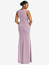 Rear View Thumbnail - Suede Rose Deep V-Neck Closed Back Crepe Trumpet Gown with Front Slit