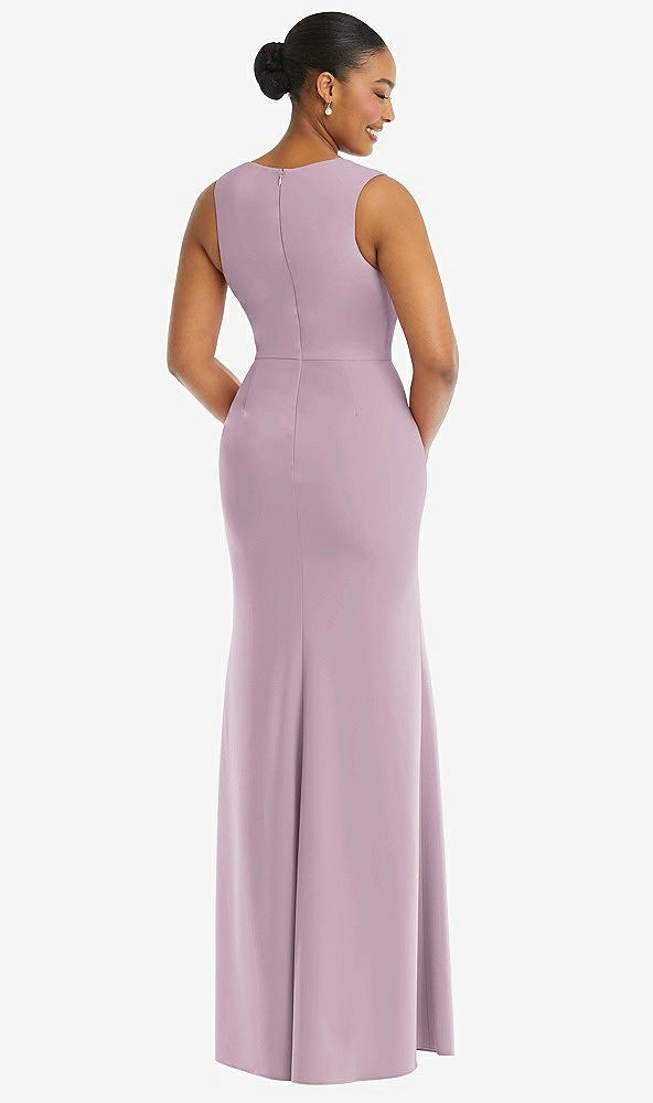 Back View - Suede Rose Deep V-Neck Closed Back Crepe Trumpet Gown with Front Slit