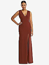 Front View Thumbnail - Auburn Moon Deep V-Neck Closed Back Crepe Trumpet Gown with Front Slit