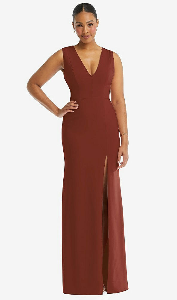 Front View - Auburn Moon Deep V-Neck Closed Back Crepe Trumpet Gown with Front Slit