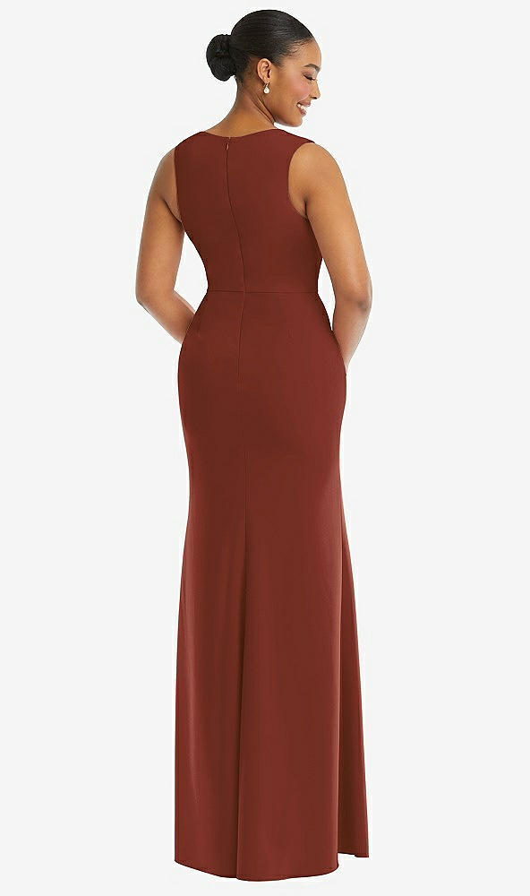 Back View - Auburn Moon Deep V-Neck Closed Back Crepe Trumpet Gown with Front Slit