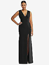 Front View Thumbnail - Black Deep V-Neck Closed Back Crepe Trumpet Gown with Front Slit