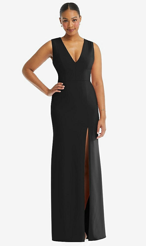 Front View - Black Deep V-Neck Closed Back Crepe Trumpet Gown with Front Slit