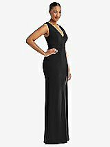 Side View Thumbnail - Black Deep V-Neck Closed Back Crepe Trumpet Gown with Front Slit