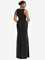 Rear View Thumbnail - Black Deep V-Neck Closed Back Crepe Trumpet Gown with Front Slit