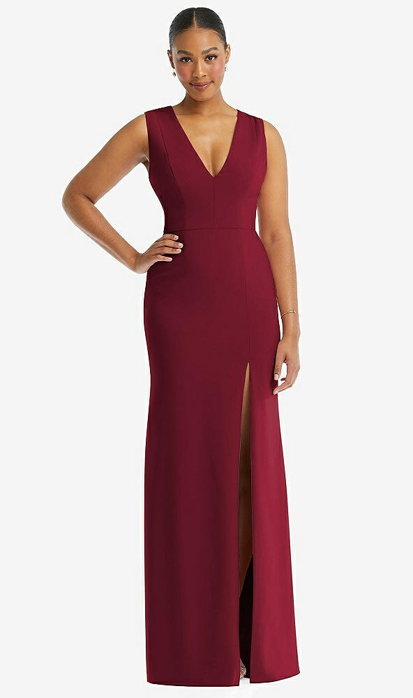 Front View - Burgundy Deep V-Neck Closed Back Crepe Trumpet Gown with Front Slit