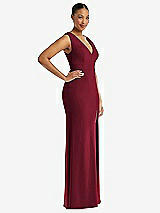 Side View Thumbnail - Burgundy Deep V-Neck Closed Back Crepe Trumpet Gown with Front Slit