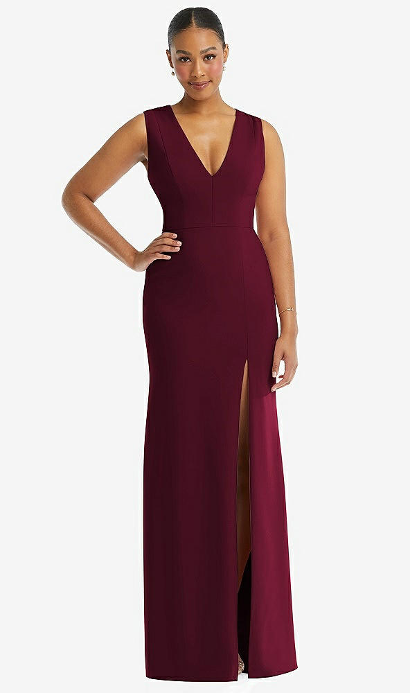 Front View - Cabernet Deep V-Neck Closed Back Crepe Trumpet Gown with Front Slit