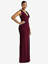 Side View Thumbnail - Cabernet Deep V-Neck Closed Back Crepe Trumpet Gown with Front Slit