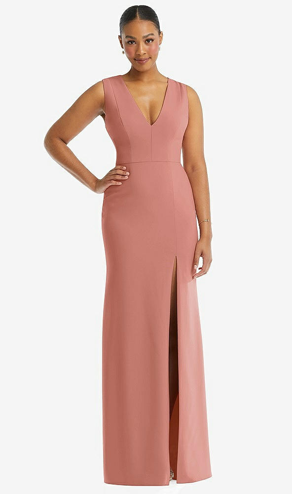 Front View - Desert Rose Deep V-Neck Closed Back Crepe Trumpet Gown with Front Slit