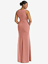 Rear View Thumbnail - Desert Rose Deep V-Neck Closed Back Crepe Trumpet Gown with Front Slit