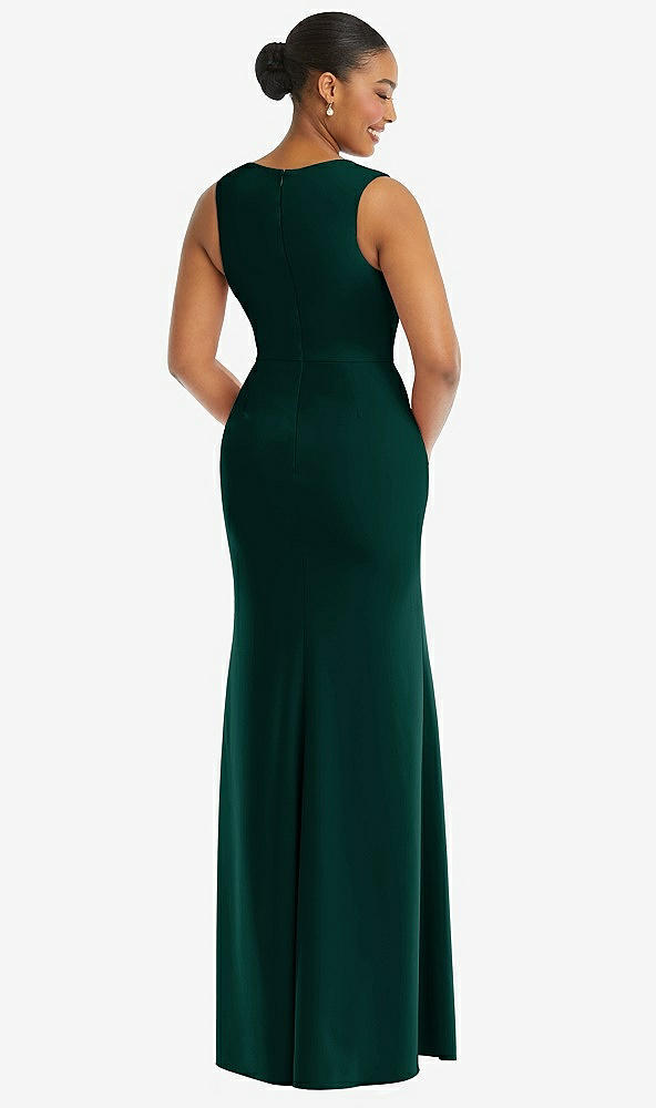 Back View - Evergreen Deep V-Neck Closed Back Crepe Trumpet Gown with Front Slit