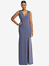 Front View Thumbnail - French Blue Deep V-Neck Closed Back Crepe Trumpet Gown with Front Slit