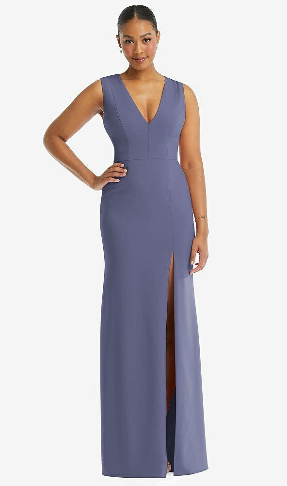 Front View - French Blue Deep V-Neck Closed Back Crepe Trumpet Gown with Front Slit