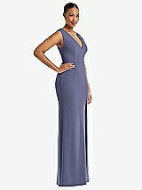 Side View Thumbnail - French Blue Deep V-Neck Closed Back Crepe Trumpet Gown with Front Slit