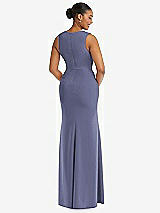 Rear View Thumbnail - French Blue Deep V-Neck Closed Back Crepe Trumpet Gown with Front Slit