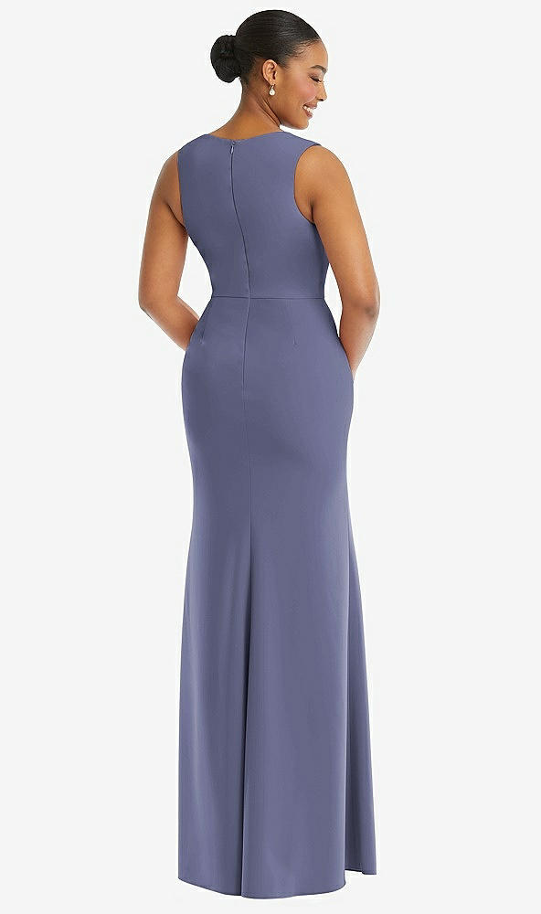 Back View - French Blue Deep V-Neck Closed Back Crepe Trumpet Gown with Front Slit