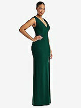 Side View Thumbnail - Hunter Green Deep V-Neck Closed Back Crepe Trumpet Gown with Front Slit