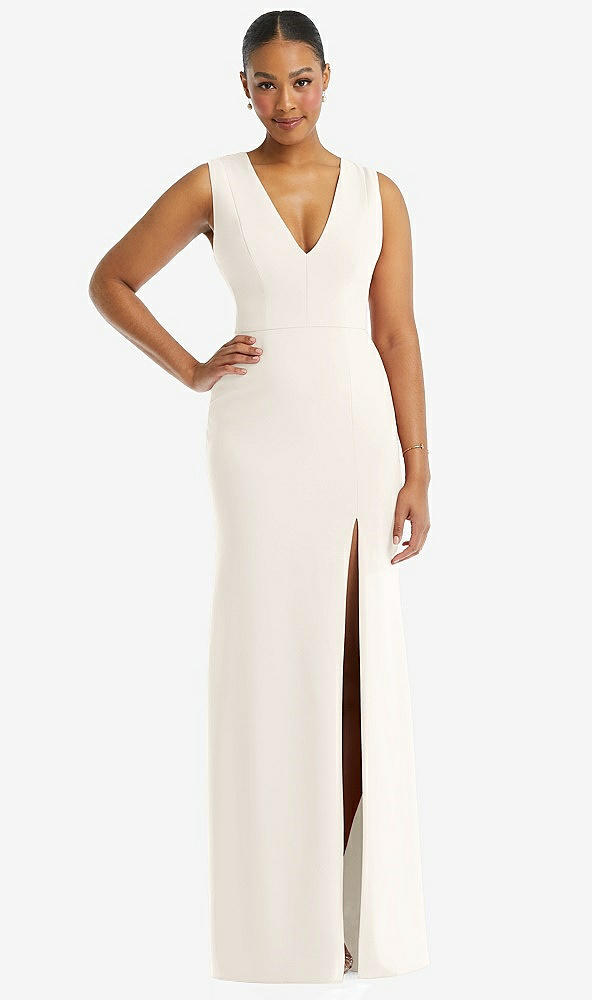 Front View - Ivory Deep V-Neck Closed Back Crepe Trumpet Gown with Front Slit