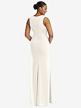 Rear View Thumbnail - Ivory Deep V-Neck Closed Back Crepe Trumpet Gown with Front Slit