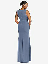 Rear View Thumbnail - Larkspur Blue Deep V-Neck Closed Back Crepe Trumpet Gown with Front Slit