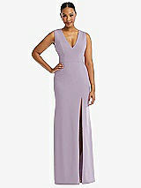 Front View Thumbnail - Lilac Haze Deep V-Neck Closed Back Crepe Trumpet Gown with Front Slit