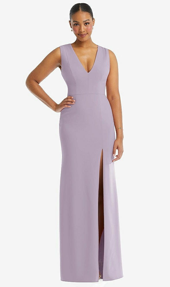 Front View - Lilac Haze Deep V-Neck Closed Back Crepe Trumpet Gown with Front Slit