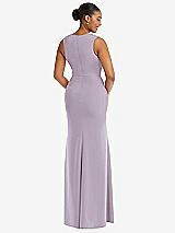 Rear View Thumbnail - Lilac Haze Deep V-Neck Closed Back Crepe Trumpet Gown with Front Slit