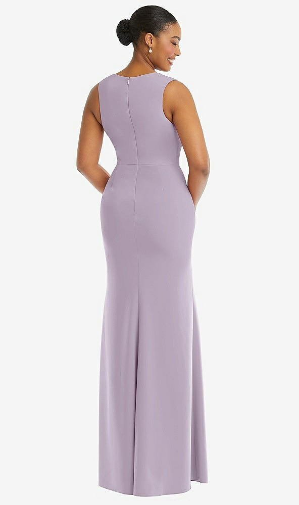 Back View - Lilac Haze Deep V-Neck Closed Back Crepe Trumpet Gown with Front Slit