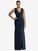 Front View Thumbnail - Midnight Navy Deep V-Neck Closed Back Crepe Trumpet Gown with Front Slit