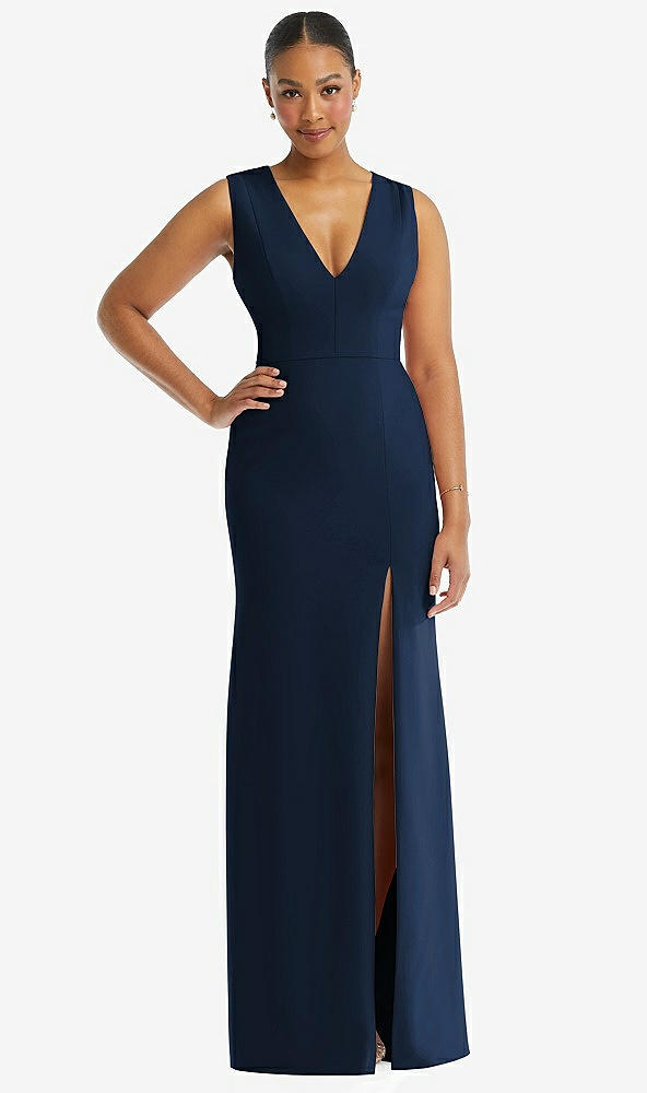 Front View - Midnight Navy Deep V-Neck Closed Back Crepe Trumpet Gown with Front Slit