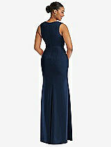 Rear View Thumbnail - Midnight Navy Deep V-Neck Closed Back Crepe Trumpet Gown with Front Slit
