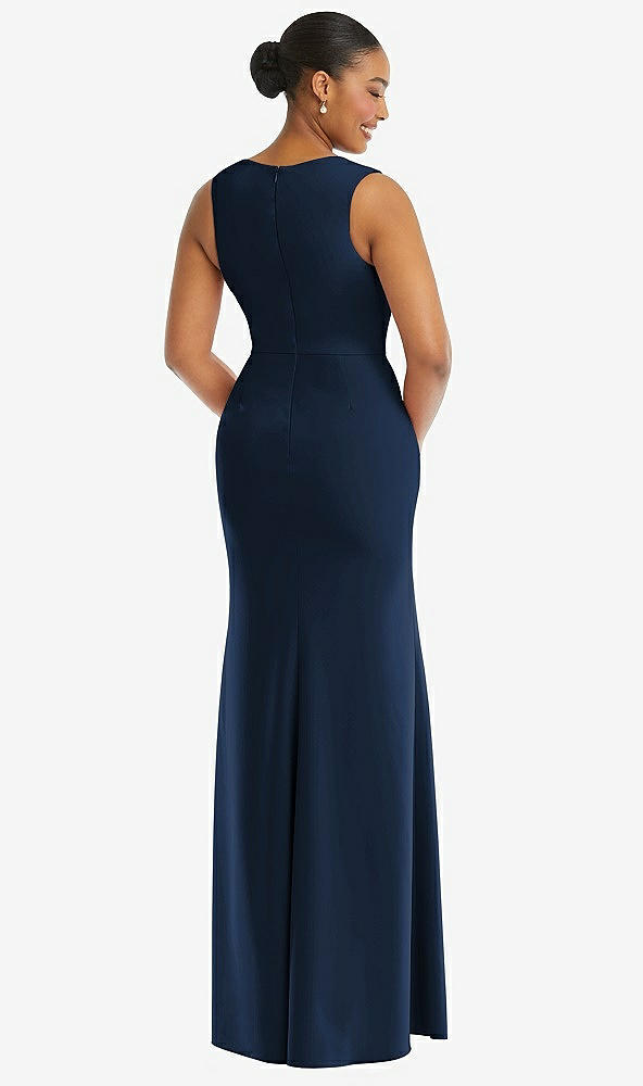 Back View - Midnight Navy Deep V-Neck Closed Back Crepe Trumpet Gown with Front Slit