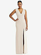 Front View Thumbnail - Oat Deep V-Neck Closed Back Crepe Trumpet Gown with Front Slit