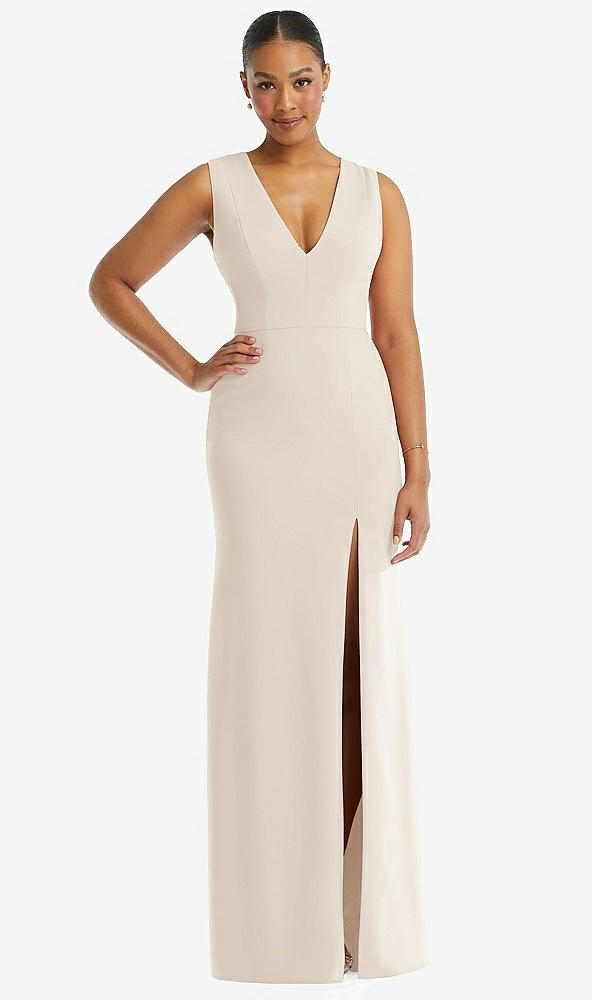 Front View - Oat Deep V-Neck Closed Back Crepe Trumpet Gown with Front Slit
