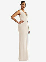 Side View Thumbnail - Oat Deep V-Neck Closed Back Crepe Trumpet Gown with Front Slit