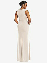 Rear View Thumbnail - Oat Deep V-Neck Closed Back Crepe Trumpet Gown with Front Slit