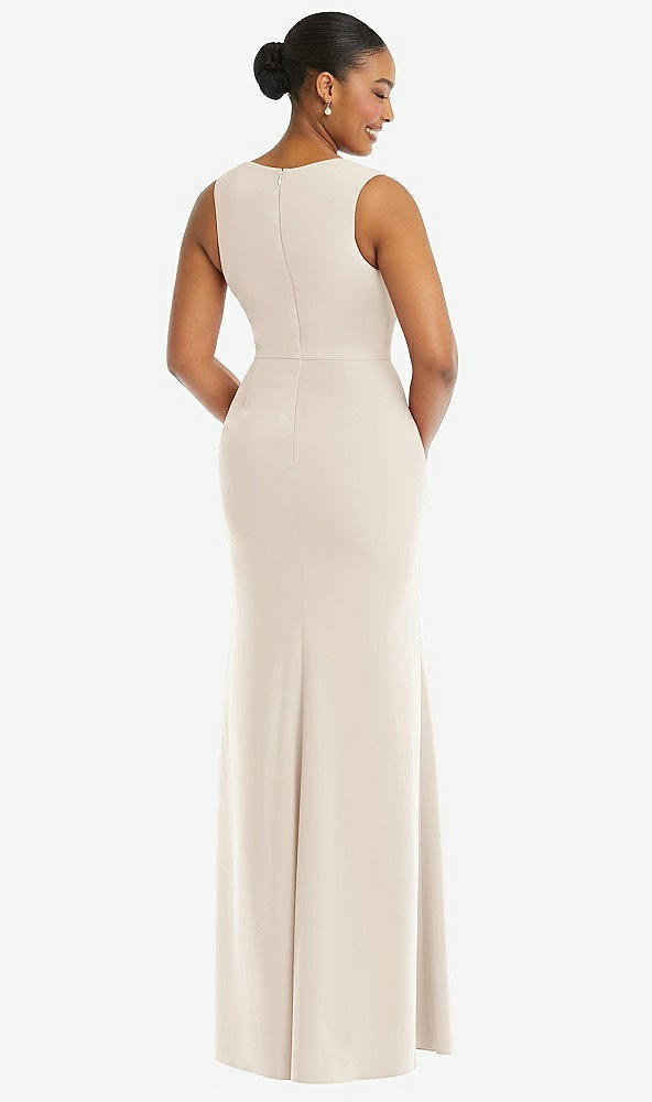 Back View - Oat Deep V-Neck Closed Back Crepe Trumpet Gown with Front Slit